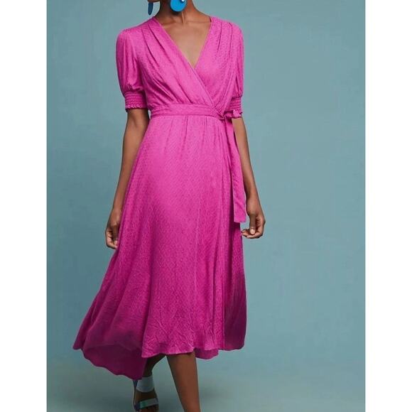 Anthropologie Maeve Breanna Wrap Dress Raspberry Pink Size 8 Resort Bridesmaid - Picture 1 of 11